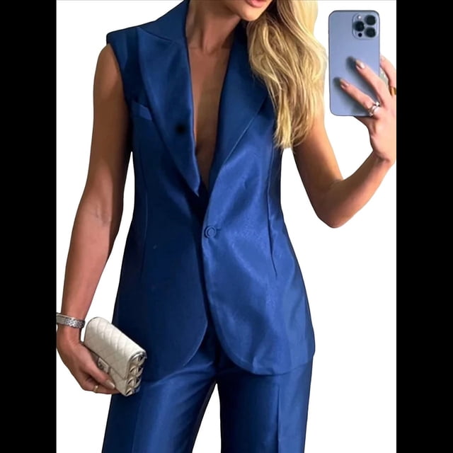 Conjuntos de 2 Piezas para Mujer: Chaleco Sin Mangas y Pantalón , Conjunto de Blazer Informal de Negocios. Azul S