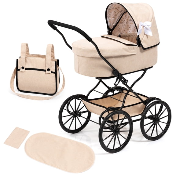 Bayer Design: Doll Pram Classic - Beige & Black - Bassinet Push Stroller, Carrycot Cover, Shoulder Bag, Foldable, Toy For Dolls Up To 18", Kids 3
