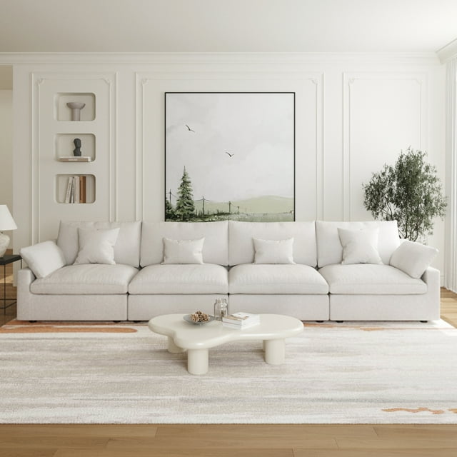 The Magic Home Canapé Sectionnel Modulaire en Lin à 4 Places, Blanc