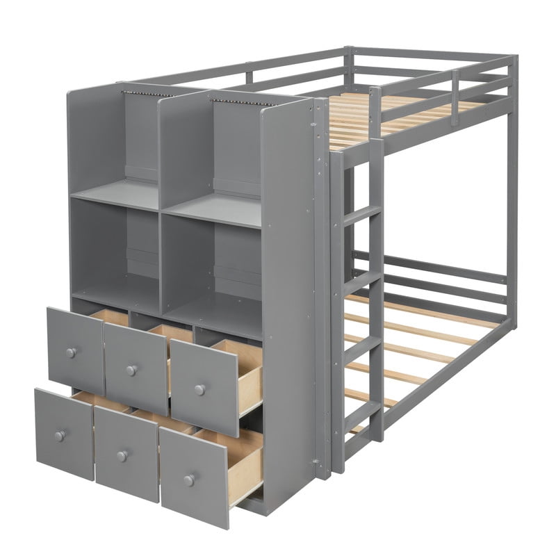Twin-Over-Twin Size Teens Storage Bunk Bed with Drawers & Shelves, Kids Bed Frame with Built-In Ladder & LED Light Strip