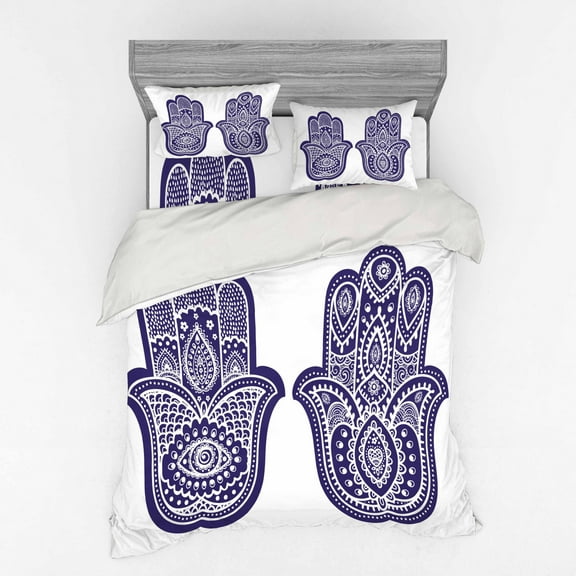 Ambesonne Hamsa Bedding Set 4 Pcs, Old Ornaments, Queen, Violet Blue White