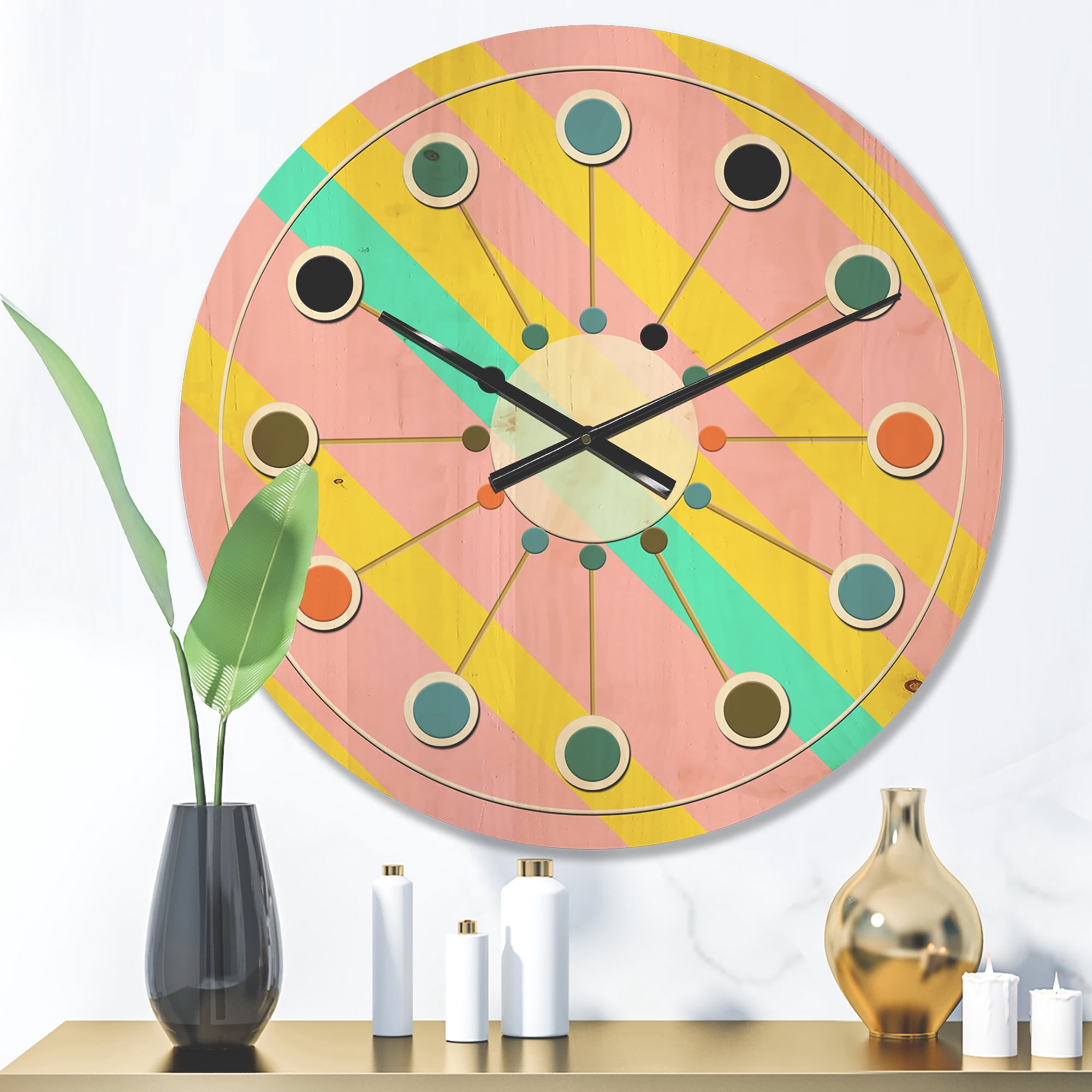 Designart 'Memphis Neon Retro Pattern' Mid-Century Modern Wood Wall Clock