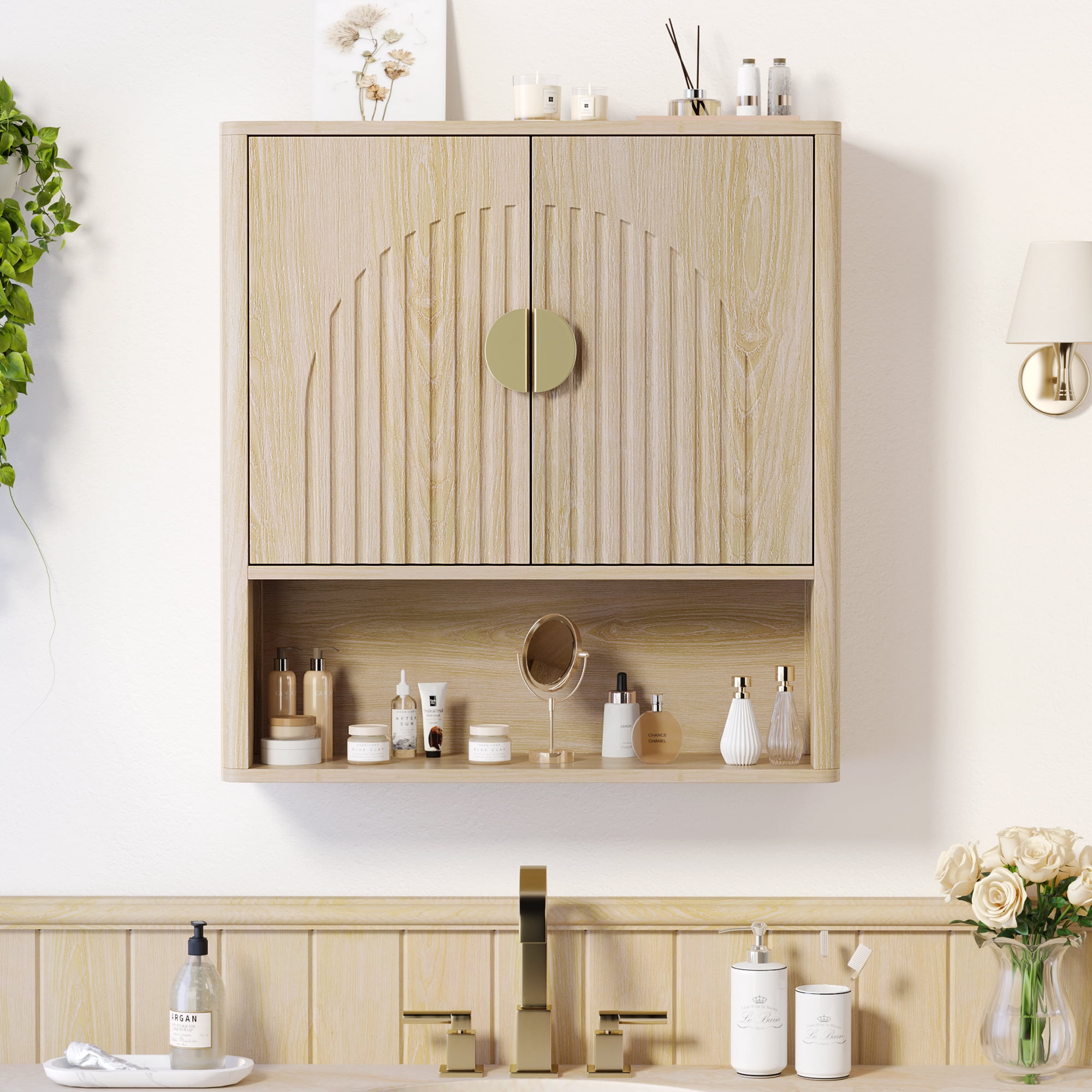 Laintene Bathroom Wall Cabinet, over the Toilet Storage Cabinet with Arched Doors & Adjustable Shelf, Wall Mounted Medicine Cabinet for Bathroom, Laundry Room, Kitchen, Living Room, Natural Oak