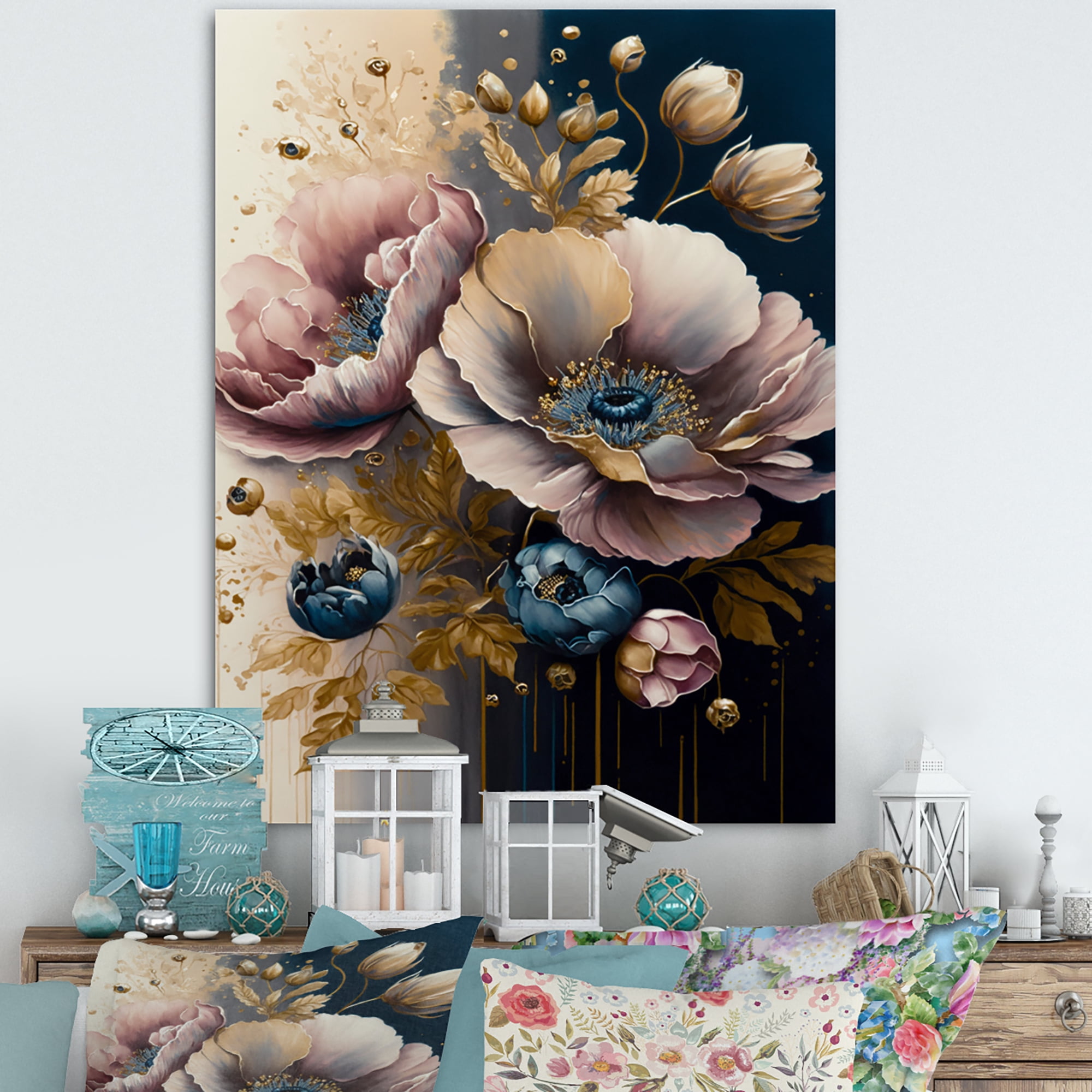 Designart Bold Pink And Blue Poppy Flowers II Canvas Wall Art
