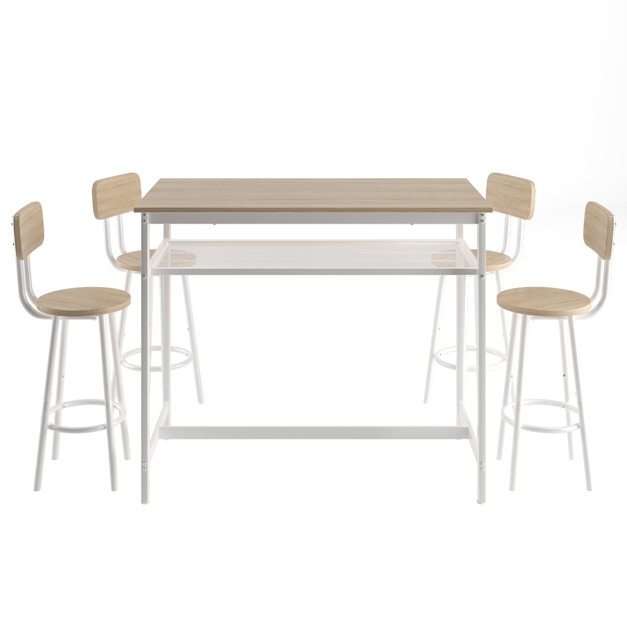 Aukfa 5-Piece Bar Table Set with Metal Shelf, Counter Height Dining Table & 4 Stools, Space-Saving Kitchen Pub Set for Small Spaces, Oak - Industrial Style