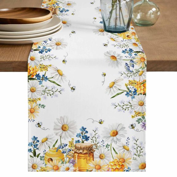 Table Runner 70 Inches Long for Kitchen Dining, Eucalyptus Leaves Dresser Scarf Farmhouse, Dining Table Decorations for Wedding/Parties, Daisy Flower Spring Watercolor Country Floral Bee 13 x 70 In