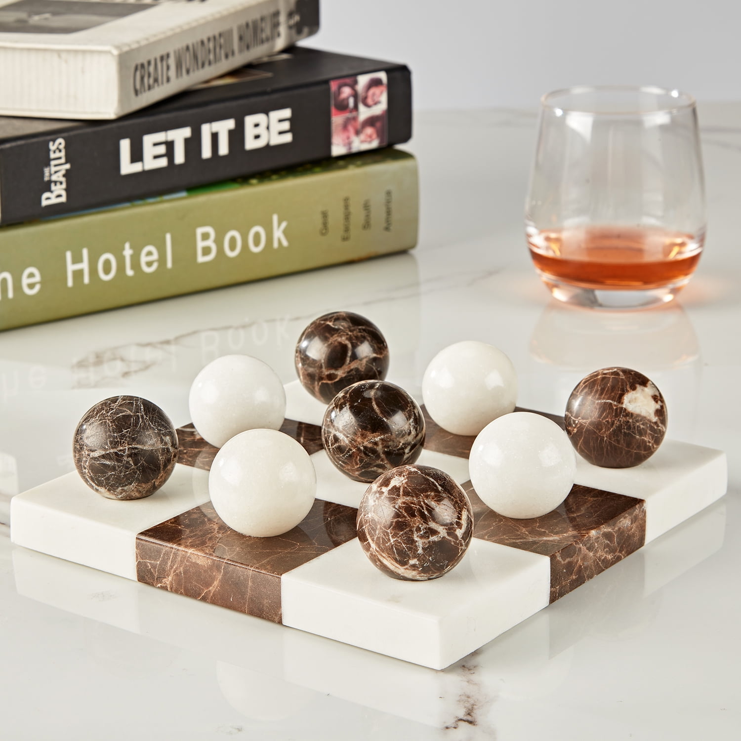 Organic White& Brown Marble Home Decorate, Sturdy Marble Board Tabletop, Marble Classic Tic-Tac-Toe Board, Board for Home, Tabletop Game