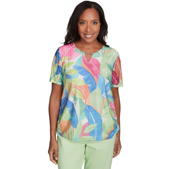Alfred Dunner Womens Textured Tropical Beaded Neck Top