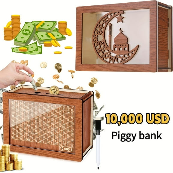 Large Capacity Coin Bank, Transparent Wooden Piggy Bank for Kids, Clear View Money Saving Box for Coins, Cash & Savings Goals