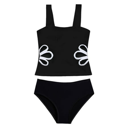 XZNPDUCQ Girls Tankini Swimsuit Two Piece Bathing Suits For Girls Waist Cutout Tropical Print Swimwear Swimming Suit For Girls 8-9 Years Black