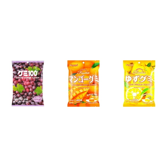 3 Pack Kasugai Gummy Candies, Made in Japan, Gluten Free, Mix 3 Flavor (Grape Frutia,Mango,Yuzu) Plus NineChef Brand Long Handle Coffee Spoon