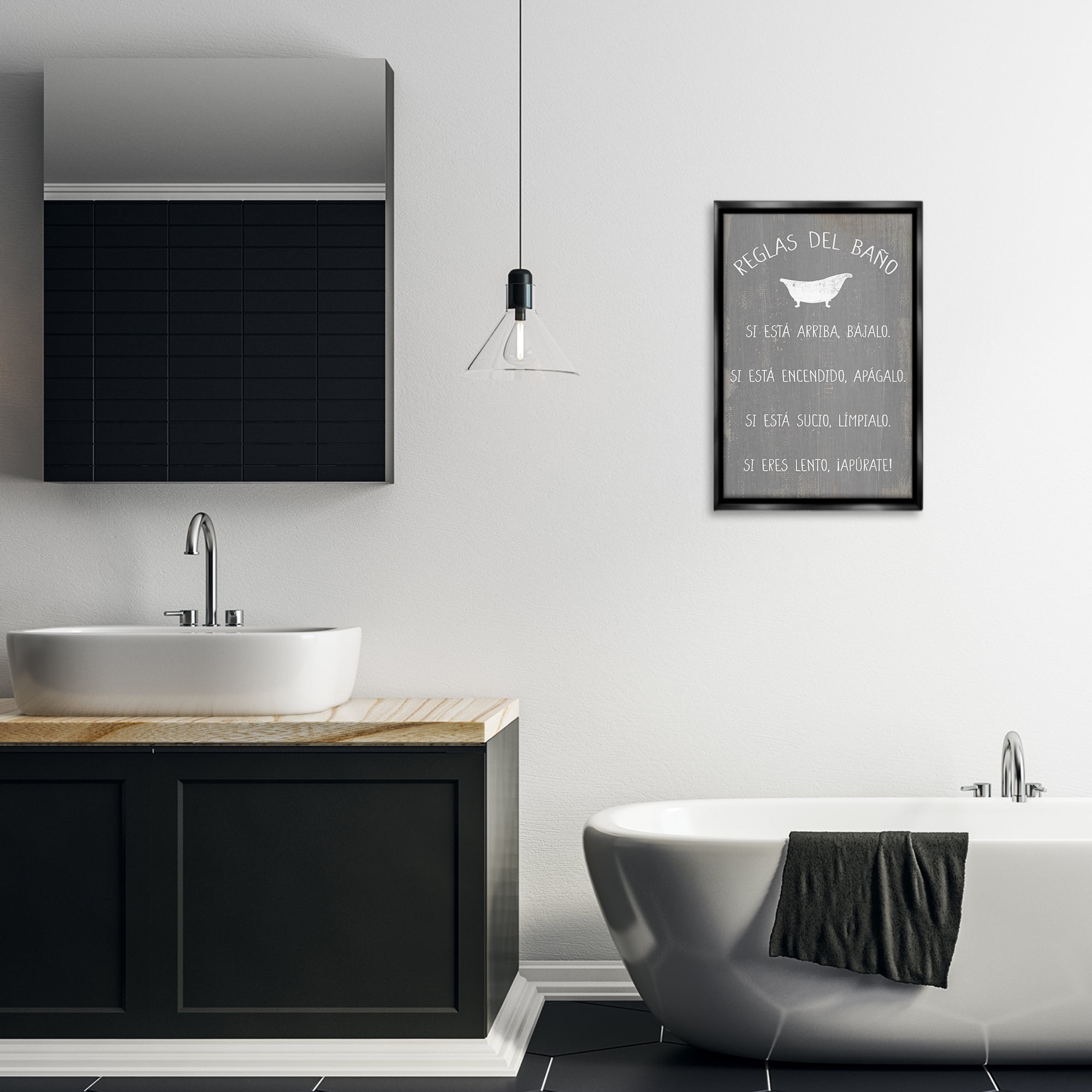 Stupell Industries Reglas Del Baño con Bañera Bath & Laundry Painting Black Floater Framed Art Print Wall Art, 17 x 25