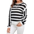 thumbnail image 6 of Xuanfei Women Striped Color Block Eyelet Cutout Ripped Crew Neck Long Sleeve Knit Sweater, 6 of 7