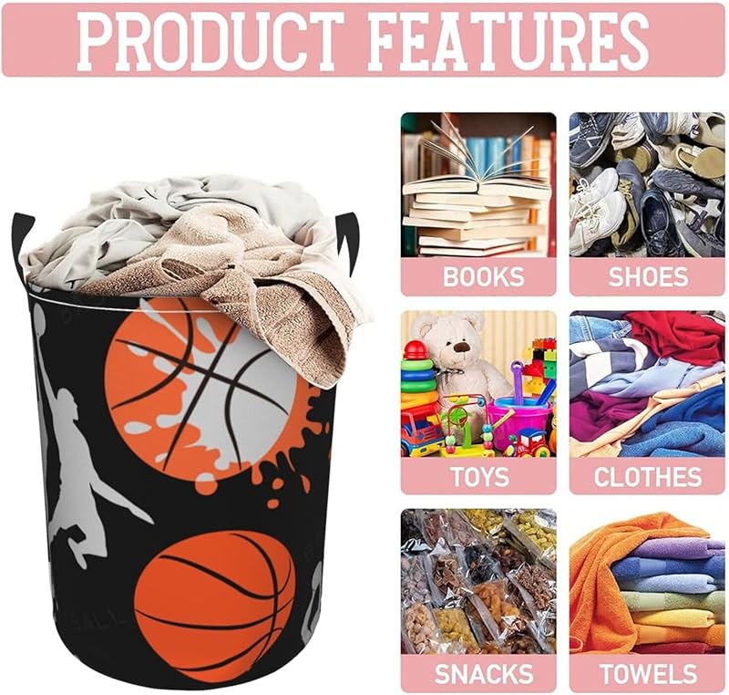 Basketball Sport Theme Laundry Hamper Bag With Waterproof Liner - Round Laundry Basket Foldable Clothes Storage Organizer For Bathroom Bedroom Nursery Dorm