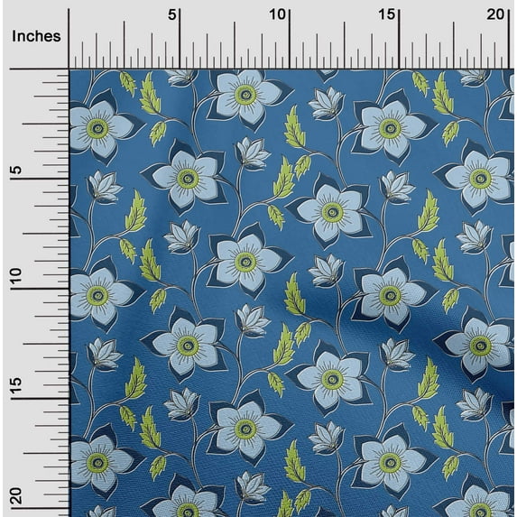 oneOone Cotton Poplin Twill Blue Fabric Leaves & Flower Floral Diy Clothing Quilting Fabric Print Fabric By Yards 56 Inches Wide