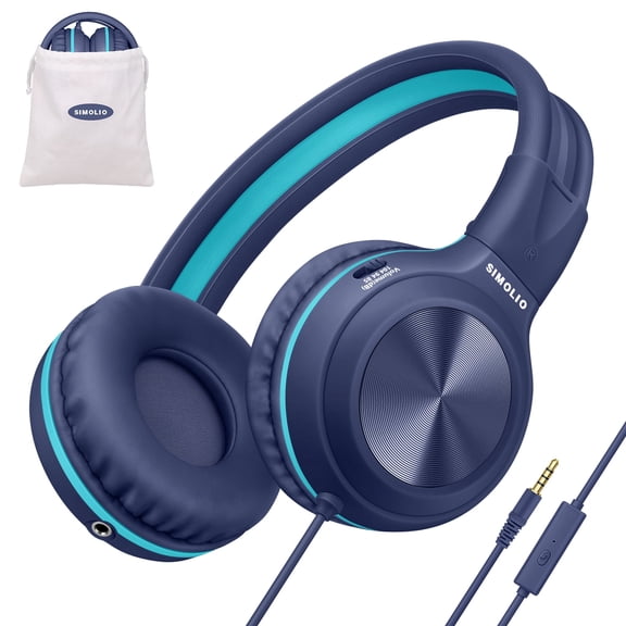 SIMOLIO Wired Kids Headphones for School with Microphone, Volume Limiting & Noise Cancelling PC Headset with Cord, Plug in Headphones for Tablet, Laptop (Navy Blue)
