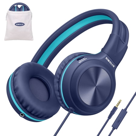 SIMOLIO Wired Kids Headphones for School with Microphone, Volume Limiting & Noise Cancelling PC Headset with Cord, Plug in Headphones for Tablet, Laptop (Navy Blue)