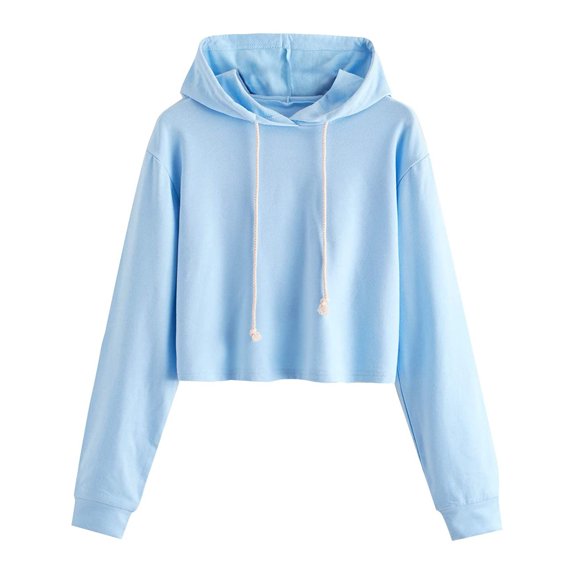 UJNDER Women's Long Sleeve Drawstring Crop Sweatshirt Crop Top Hoodie Pullover Tops for Women Comfortable Casual Blue XL