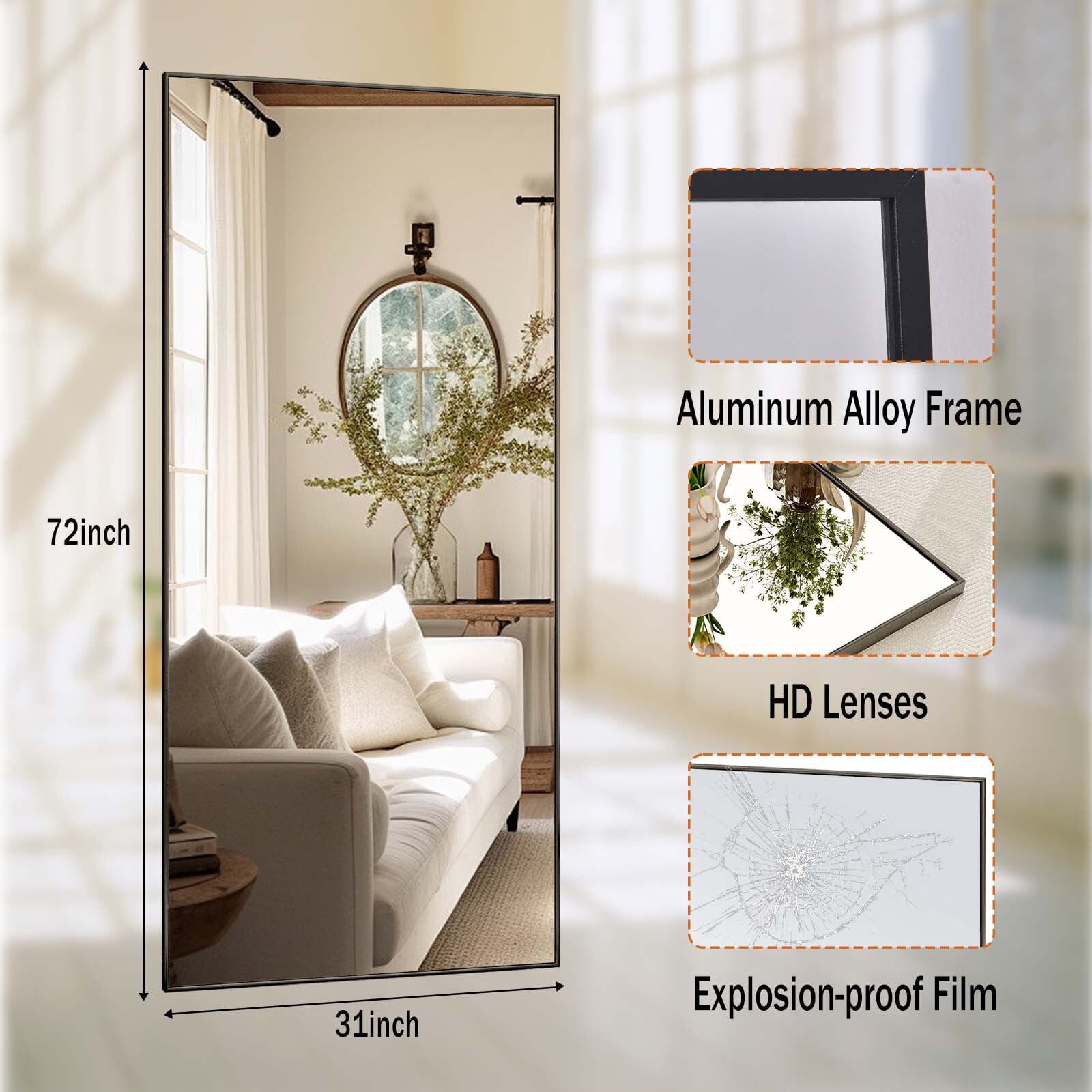 Anyrose 76"x 34" Full Length Mirror Rectangular Floor Standing Mirror Wall Mounted, Black