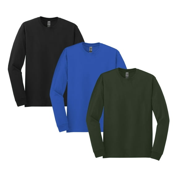 Gildan Heavy Cotton Men's Long Sleeve Tee, Comfortable Assorted T-Shirt, Mix Color, 3-Pack, S