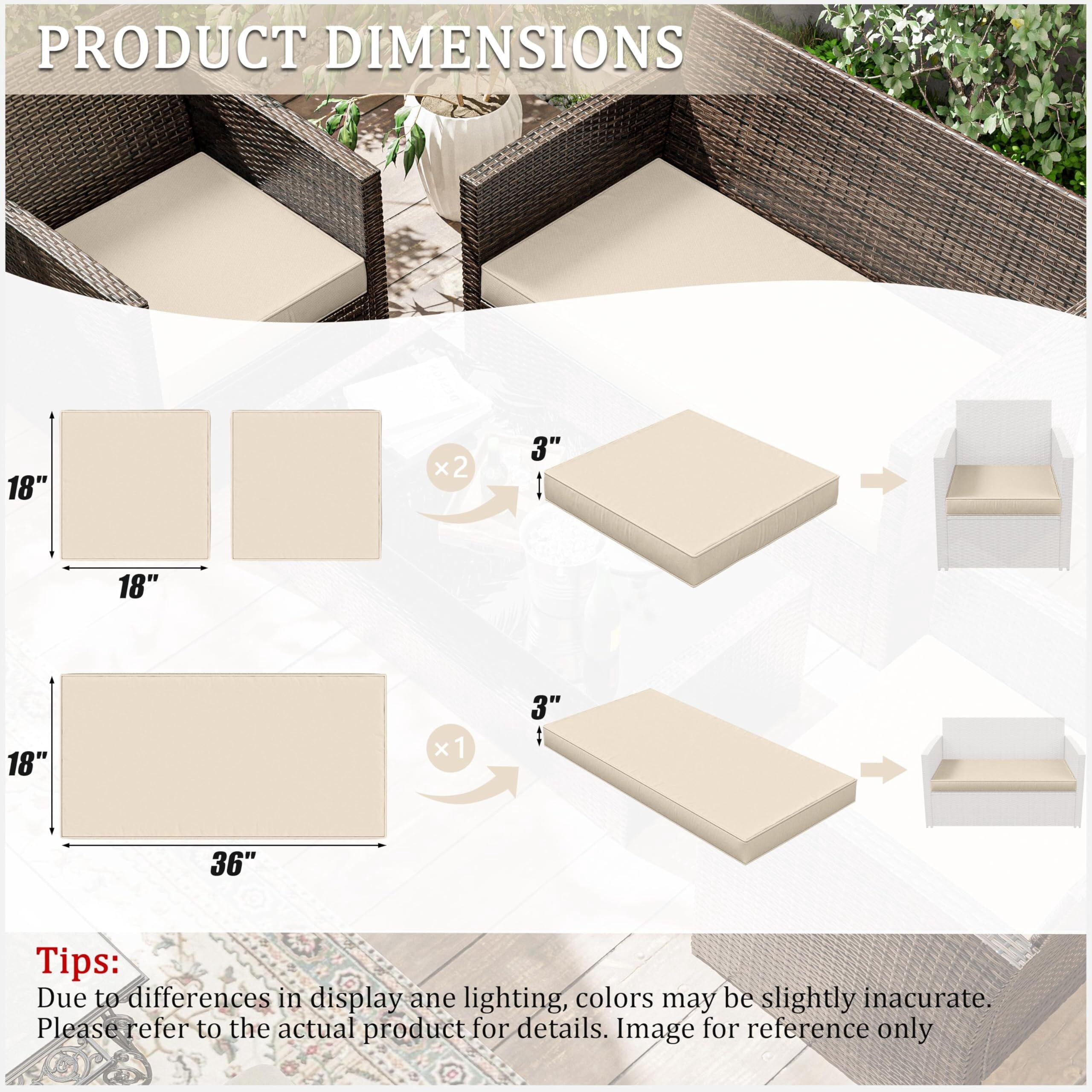 Kimunuk 3 Piece Wicker Chair Cushions, Waterproof Patio Loveseat Chair Cushions Set for Outdoor Indoor Furniture, Cream