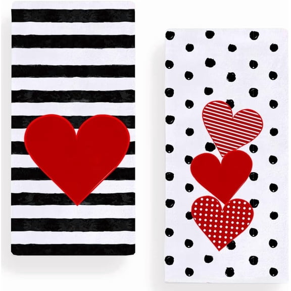 Red Love Heart Stripe Valentine''s Day Kitchen Towels Dish Towels, 18x28 Inch Anniversary Wedding Decoration Hand Towels Set of 2