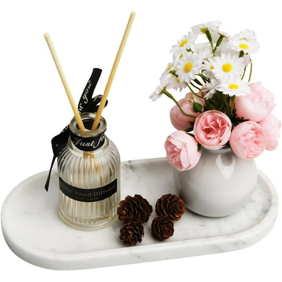 White Marble Vanity Tray for Bathroom Counter, 10"x5" Decorative Tray for Perfume, Candles, Stone Jewelry Dish Tray