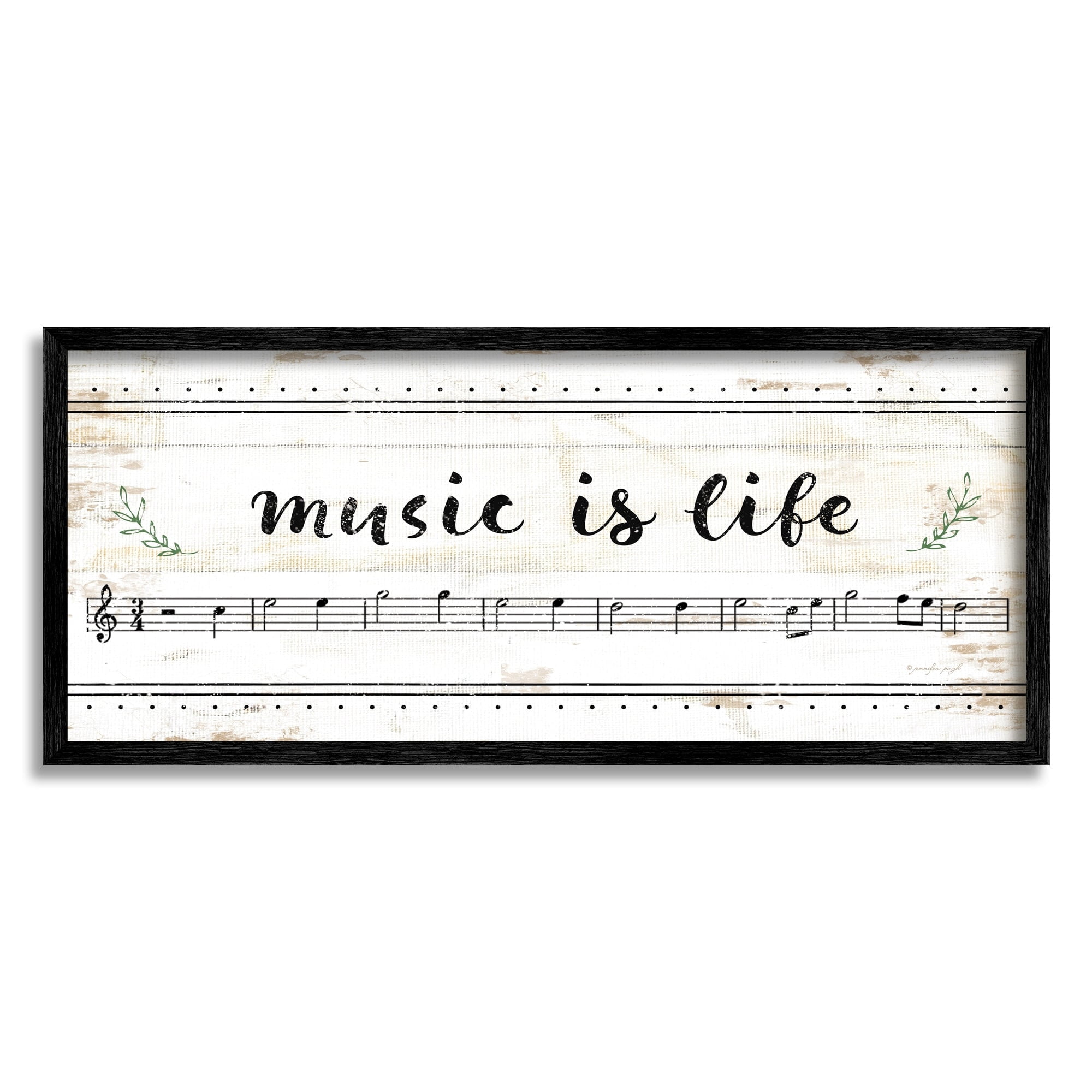 Stupell Industries Music Is Life Composition Paper with Black and White Notes Graphic Art Black Framed Art Print Wall Art, 13x30, by Jennifer Pugh