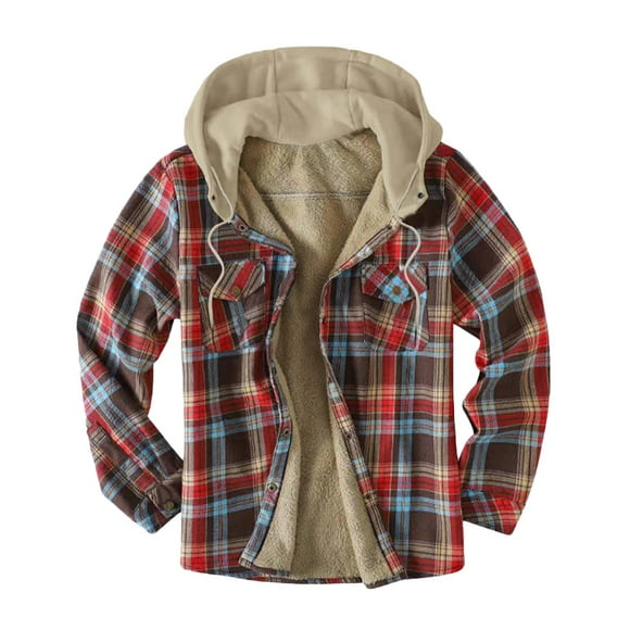 yievot Men's Cotton Plaid Shirts Jacket Fleece Lined Flannel Shirts Sherpa Button Down Jackets with Hood for Men