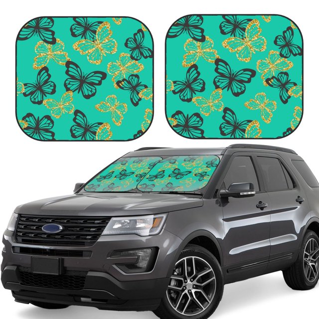 Saiise Papillons Dorés Pailletés pour Pare-Soleil de Voiture Pliable (Lot de 2) Offre Protection Solaire avec un Design Pliable Facile pour Pare-Brise Pratique - Grand