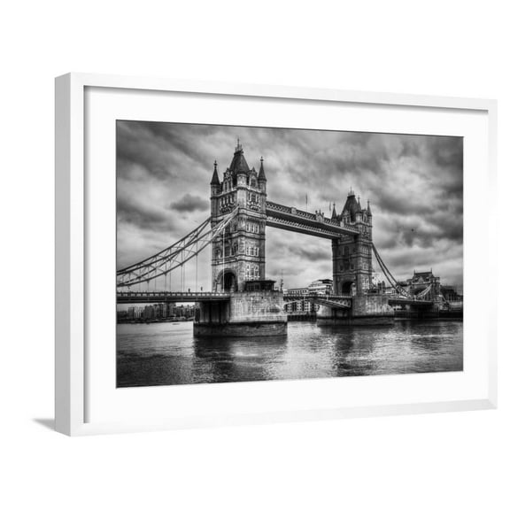 Art.com Tower Bridge In London, The Uk. Black And White, Artistic Vintage, Retro Style Art Print by Michal Bednarek, White Frame Wall Art, 29" x 21"