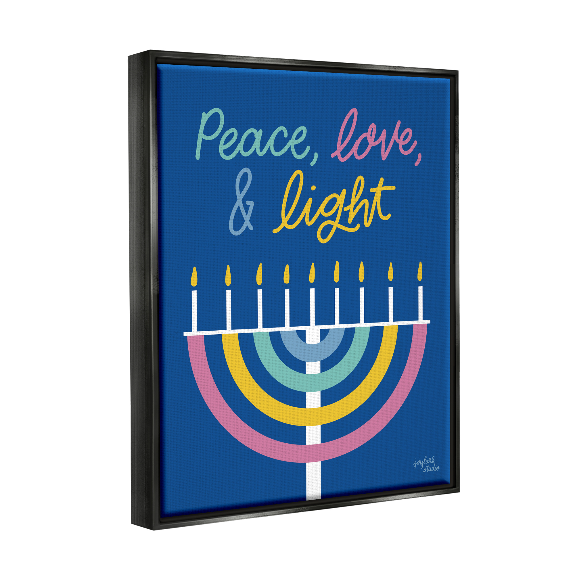 Stupell Industries Peace Love & Light Casual Holiday Hanukkah Menorah Graphic Art Jet Black Floating Framed Canvas Print Wall Art, Design by Jess Baskin