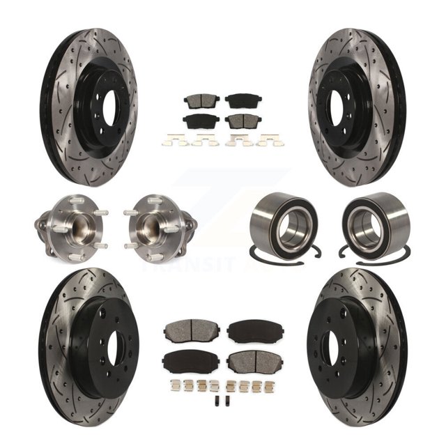 Transit Auto Front Rear Wheel Hub Bearings Assembly Coated Disc Brake Rotors and Semi-Metallic Pads Kit (10Pc) for Car 2007-2015 Mazda CX-9 FWD - Left Right Side (Driver Passenger) KBB-107475