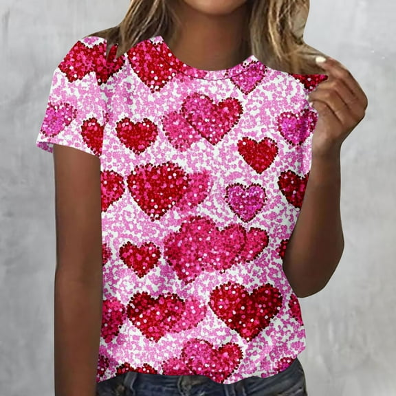 Guzom Valentine's DayWomens Hot Pink Sparkly Heart Print Short Sleeve T Shirt, Relaxed Fit Casual Tee for Women S-XXXL,Size 3XL