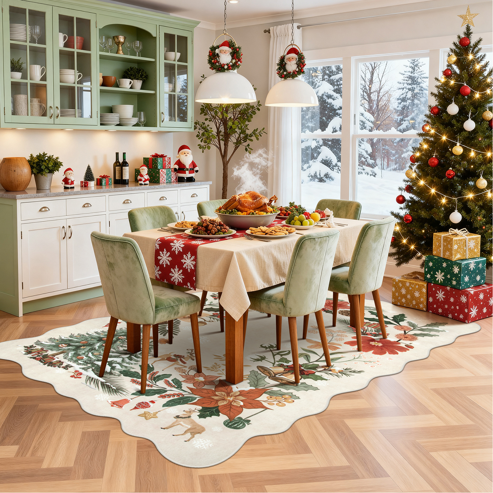 Moynesa 5'x7' Christmas Rug for Living Room, Xmas Tree Floral Rug Washable Rug Non Slip Boho Carpet Holiday Decor Soft Accent Rug for Bedroom Dining Room, Beige