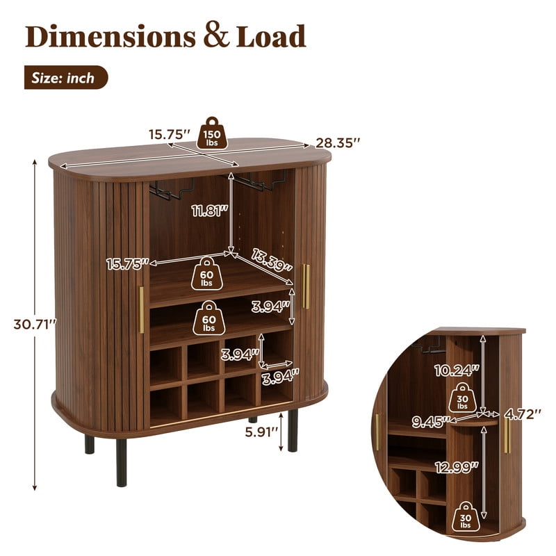 28" Fluted Wine Bar Cabinet – 8-Bottle Wine Rack, 5-Level Adjustable Shelves, 2 Glass Holders, Sliding Tambour Doors, 4 Hidden Side Compartments, Modern Liquor Coffee Station