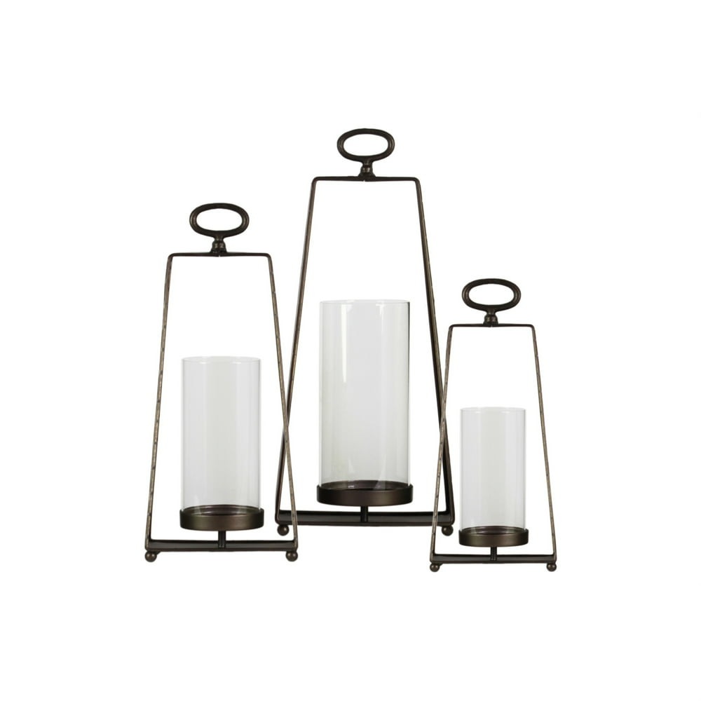 Metal Candle Holders with Glass Cylinders, Set of Three, White and