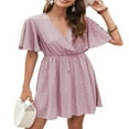 thumbnail image 1 of Femmes Casual Mousseline Mini Robe Manches Courtes Point Imprimé V Cou Taille Haute une Robe de Ligne d'Été Robe de Plage, 1 of 6