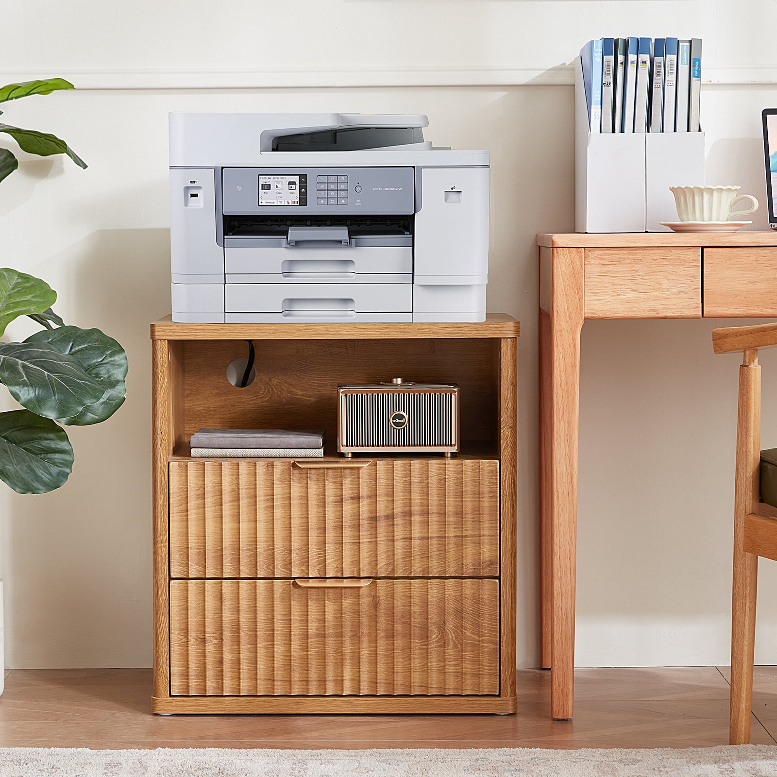 LEYAOYAO Fluted Nightstand with Charging Station, Modern End Table with with Open Shelf and 2 Storage Drawers for Bedroom, Brown