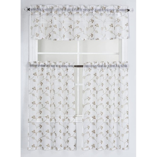 Kitchen Curtain Sheer with Embroidery (3pc Set- 2 Tiers and 1 Valance) (White with Gold Leaf)