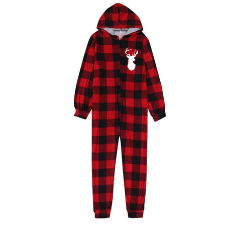 

XIAOFFENN Parent-child Attire Christmas Suits Plaid Printed Homewear Hooded Zipper Long Sleeve Pajamas Mom Jumpsuits
