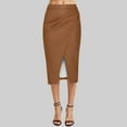 thumbnail image 2 of Fsqjgq Leather Skirts for Women Elegant Fall Winter Leather Skirt High Waisted Front Slit Zip Back Ruched Bodycon Fall Club Long Skirts Brown M, 2 of 5