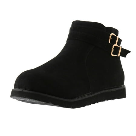 

ZMHEGW Womens Shoes Fashion Lightweight Round Toe Thick Sole Flat Suede Low Tube Metal Buckle Short Boots