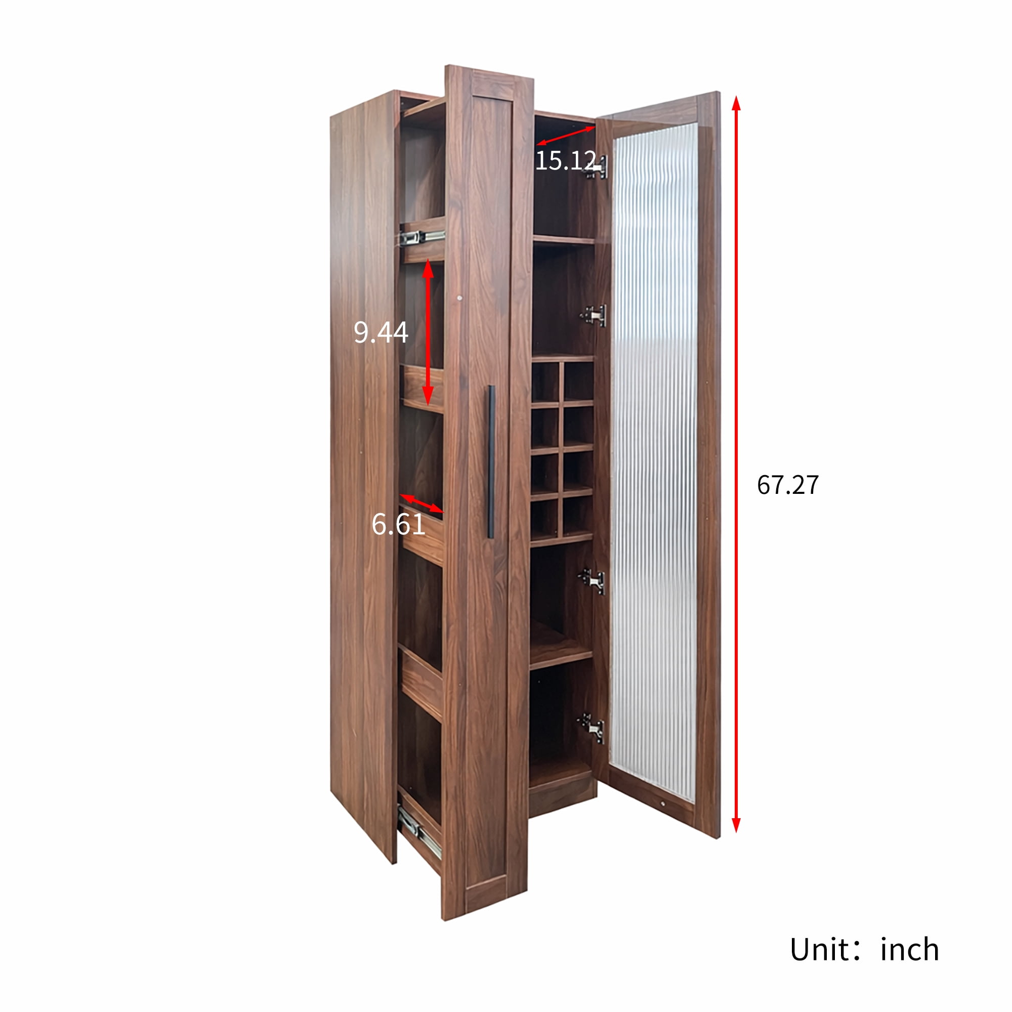 Mintazer 67.2" Tall Pull-Out Storage Pantry Cabinet with Glass Doors & Shelves, Farmhouse Storage Cabinet for Kitchen Bar Dining Room, Brown