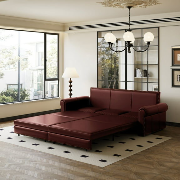 Luxurious 94" King Pull Out Sofa Bed, 3-in-1 Faux Leather Convertible Sleeper Sofa with Nailhead Trim & Deep Seat for Living Room, Apartment, Burgundy
