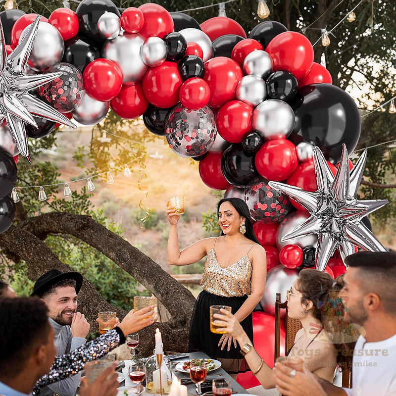 BalloonBuzz 140pcs Black and Red Balloons, Balloons Arch Kit | Confetti Latex Balloons Silver Star Foil Balloon for Birthday Anniversary Party Decorations (Red Black)