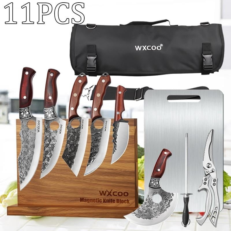 11PCS Professional Stainless Steel Knife Set with Magnetic Wooden Knife Holder Multipurpose Kitchen Knives for Meat Sashimi Utility Fruit and Beef Including Kitchen Scissors Gifts for Men Household