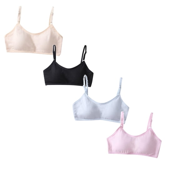 CAIXIA 4 Pack Girls Softness Mold Softhold Training Bra - Casual Everyday Tops V Neck Adjustable Straps Kids Teen,7-18years
