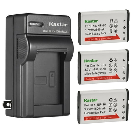 Kastar 3-Pack Battery and AC Wall Charger Replacement for Casio NP-90 NP-90DBA BC-90L Casio Exilim EX-FH100 EX-FH100BK Exilim EX-H10 Exilim EX-H15 Exilim EX-H20 EX-H20G EX-H20GBK EX-H20GSR