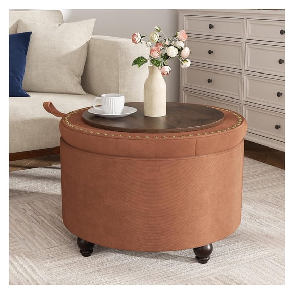 24 Inch Round Storage Ottoman,Modern Tufted Ottomans,Circular Coffee Table with Removable Top,Upholstered Large Ottoman with Storage Footrest Stool for Bedroom Living Room (Orange)